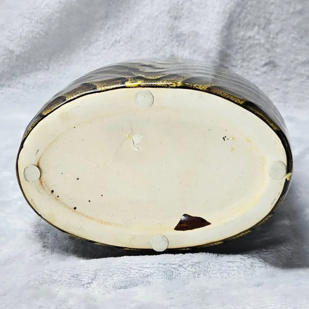 Studio Art Pottery Vase Tiger Stripe Chevron Glaze Wedge Form Brown Gold 12in